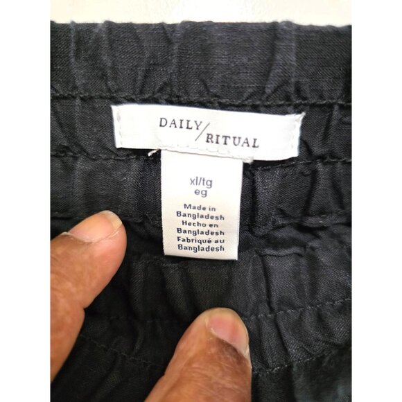 Daily/Ritual Black Linen/Blend Elastic Waist Shorts With Pockets & Drawstring Si - Picture 7 of 8